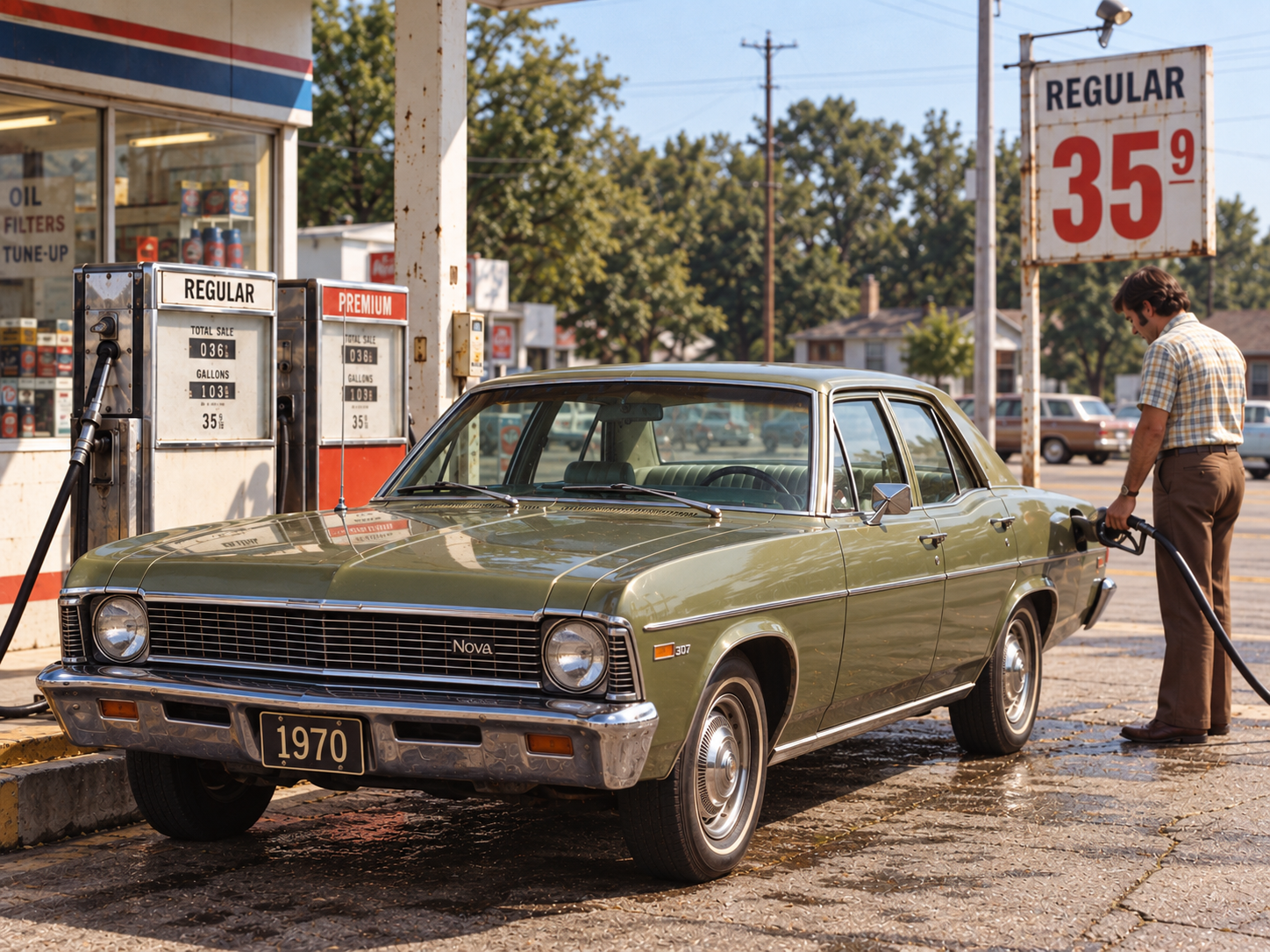 A man in a plaid shirt fills the tank of a 1970 olive green Chevy Nova at a gas station.