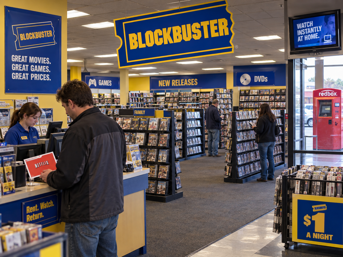 A customer at a Blockbuster counter while other patrons browse shelves of DVDs and video games, with a Redbox kiosk visible near the storefront window.