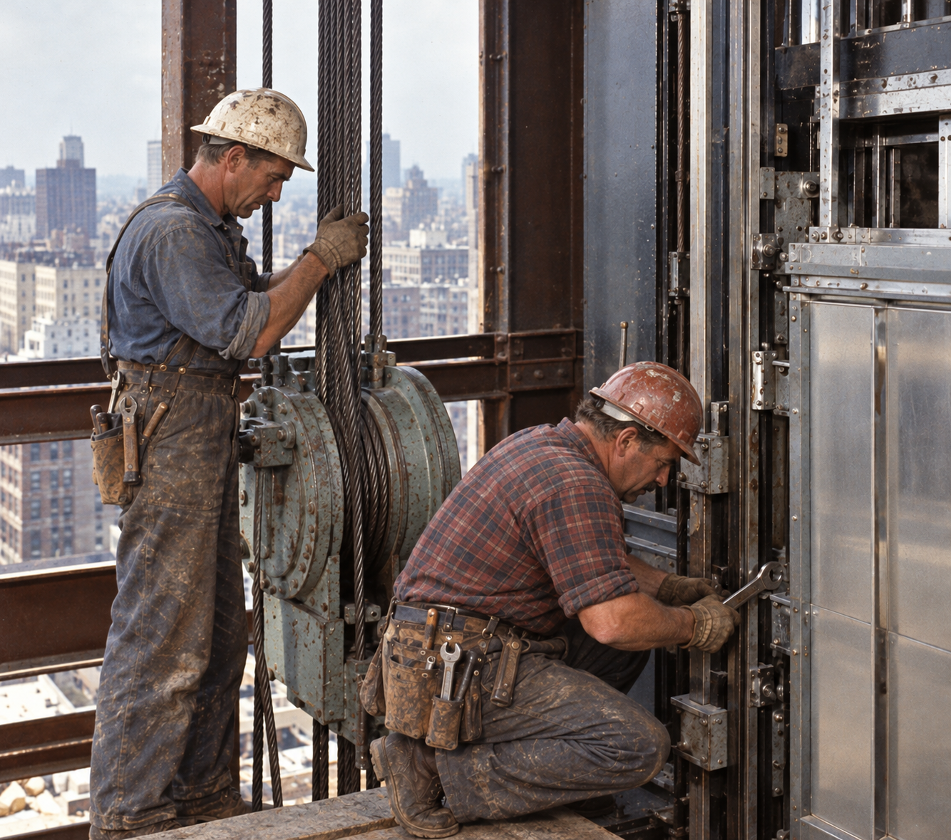 Two construction workers in hard hats install elevator equipment on the steel frame of a skyscraper overlooking a city.
