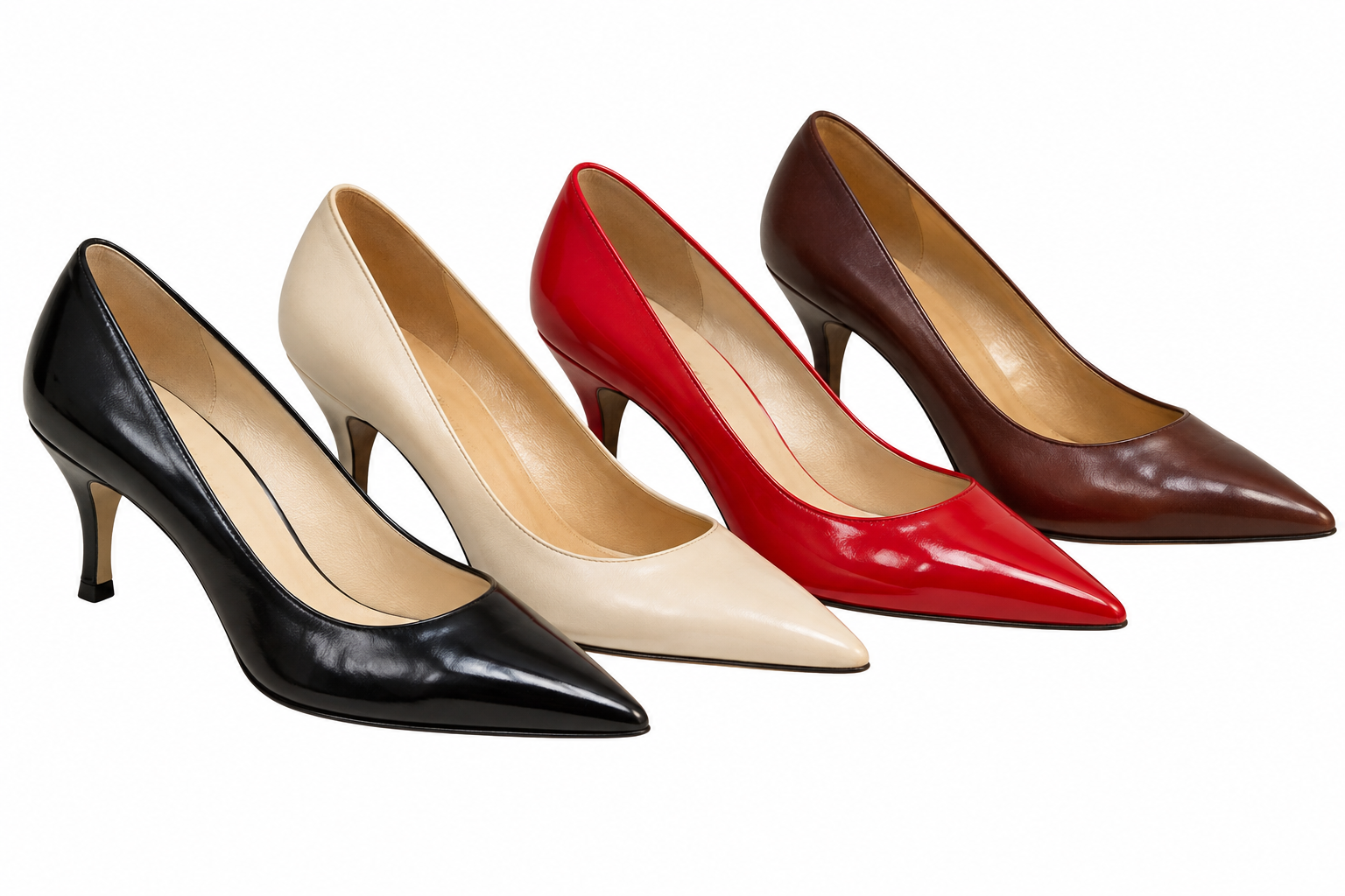 Four pointed-toe high heels lined up in black, beige, red, and brown.