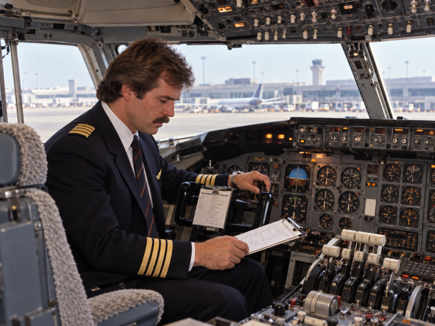 A pilot in uniform sits in an airplane cockpit reviewing a clipboard with an airport tarmac visible through the windows.