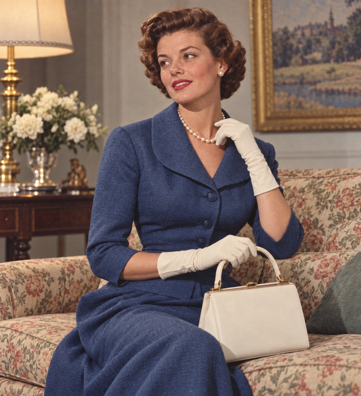 A woman in a blue suit, pearl necklace, and white gloves sits on a floral sofa holding a white handbag.
