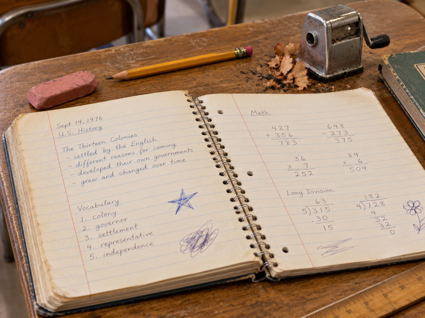 An open notebook on a wooden desk with handwritten U.S. History notes on the left page and math problems on the right, accompanied by a pencil, a pink eraser, and a pencil sharpener.