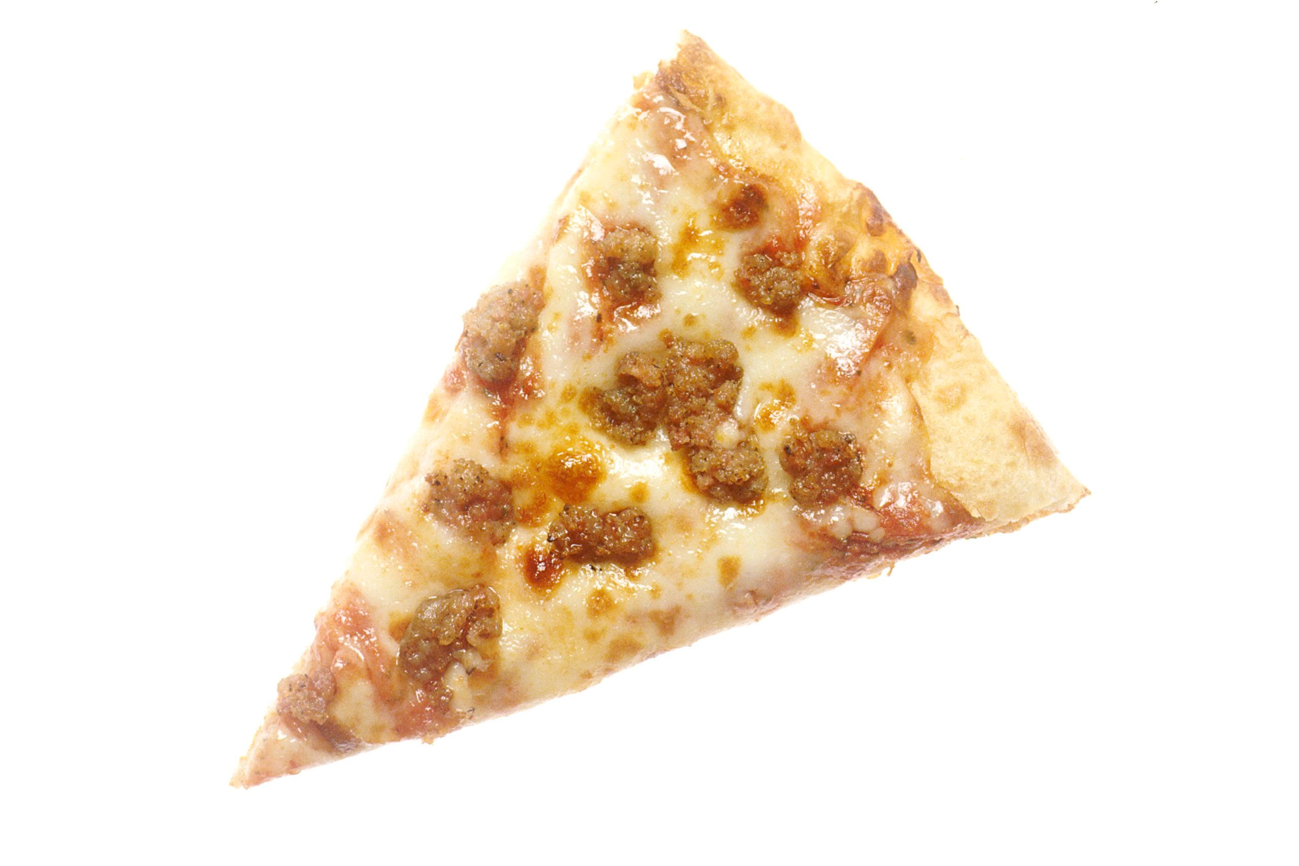 A single slice of sausage pizza.