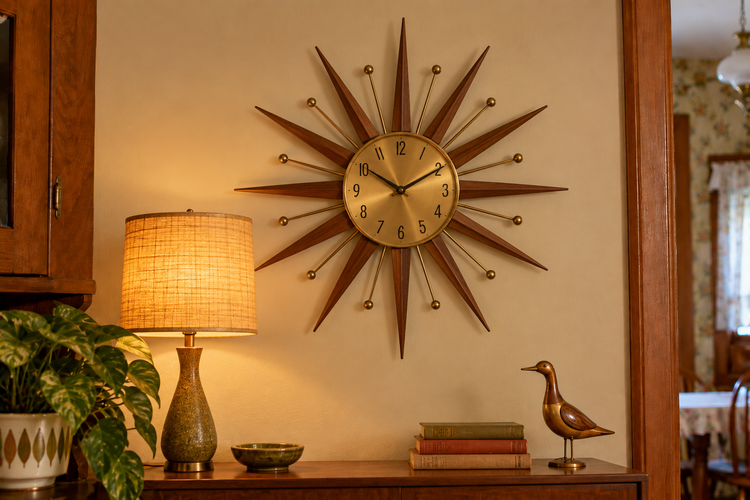 A mid-century modern starburst wall clock hanging above a wooden sideboard with a lamp, a small bowl, three stacked books, and a wooden duck figurine.