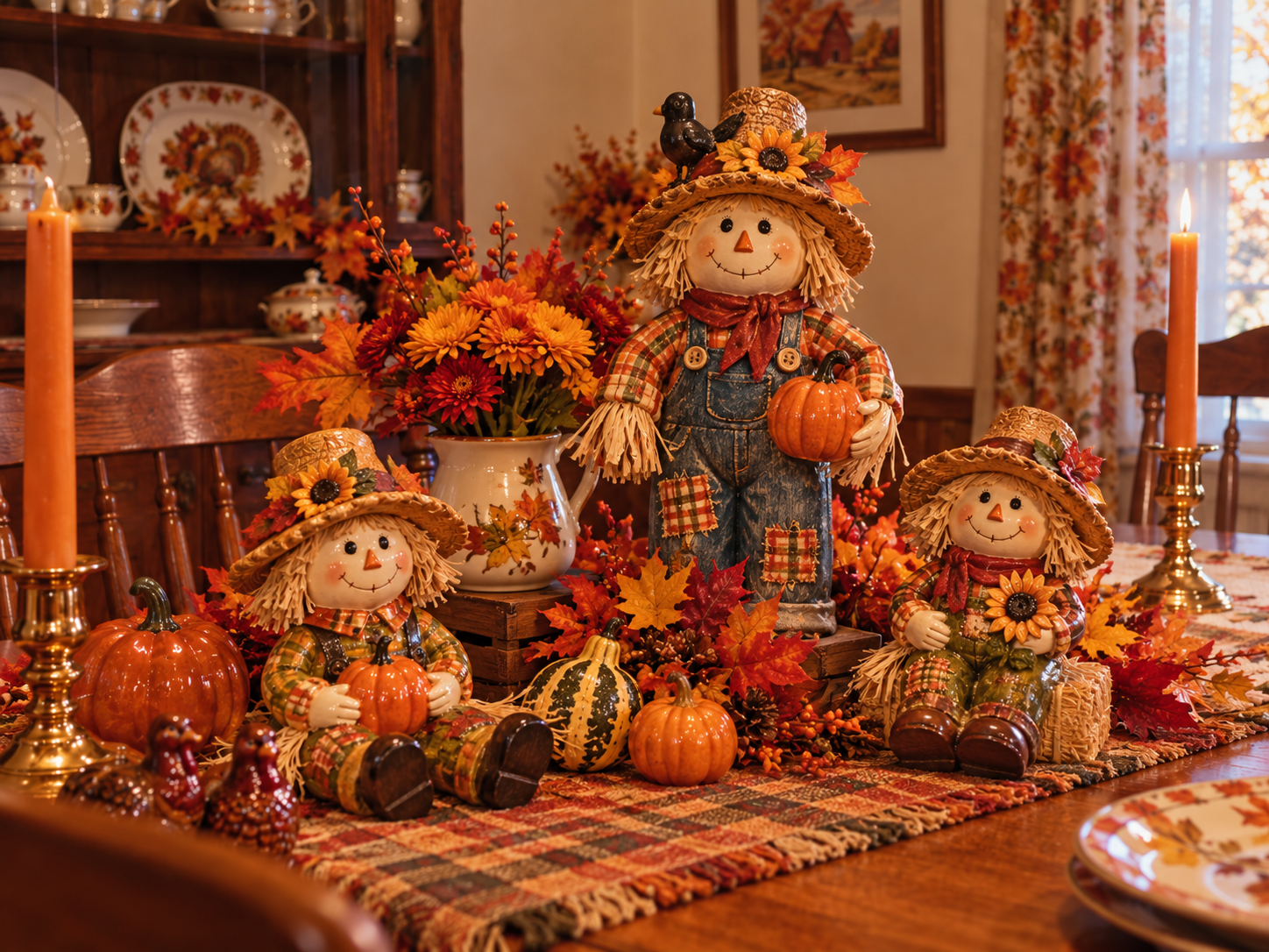 Three decorative scarecrow figurines surrounded by pumpkins, autumn leaves, and a vase of flowers on a plaid table runner.