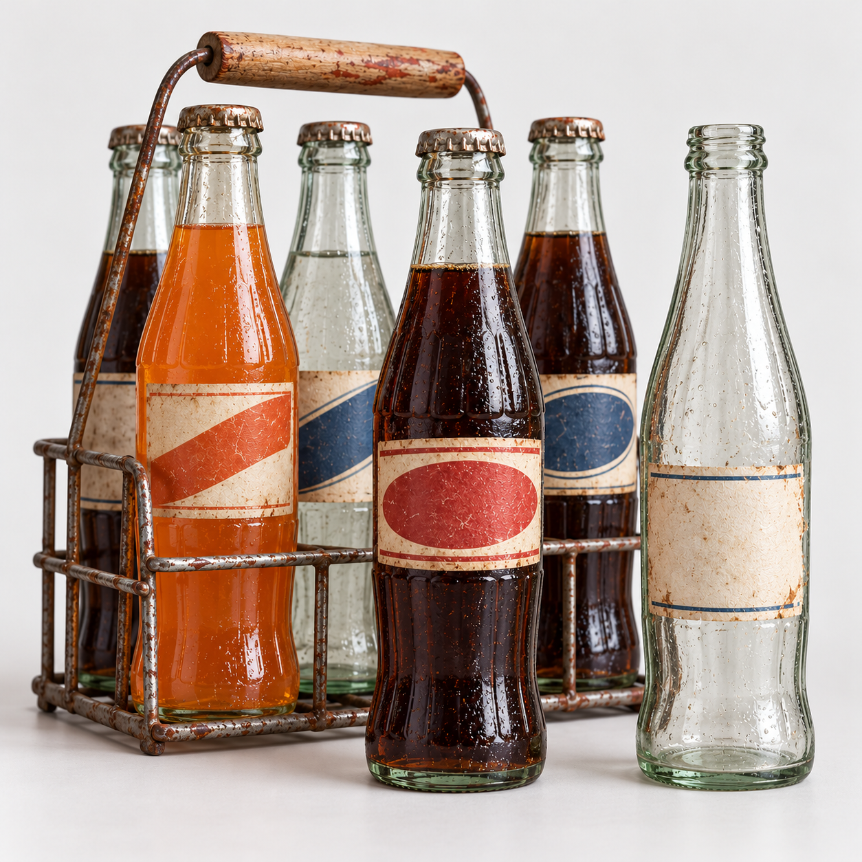 A vintage metal carrier holding six glass soda bottles, some filled with colored liquids and others empty, each featuring a blank or simple patterned label.