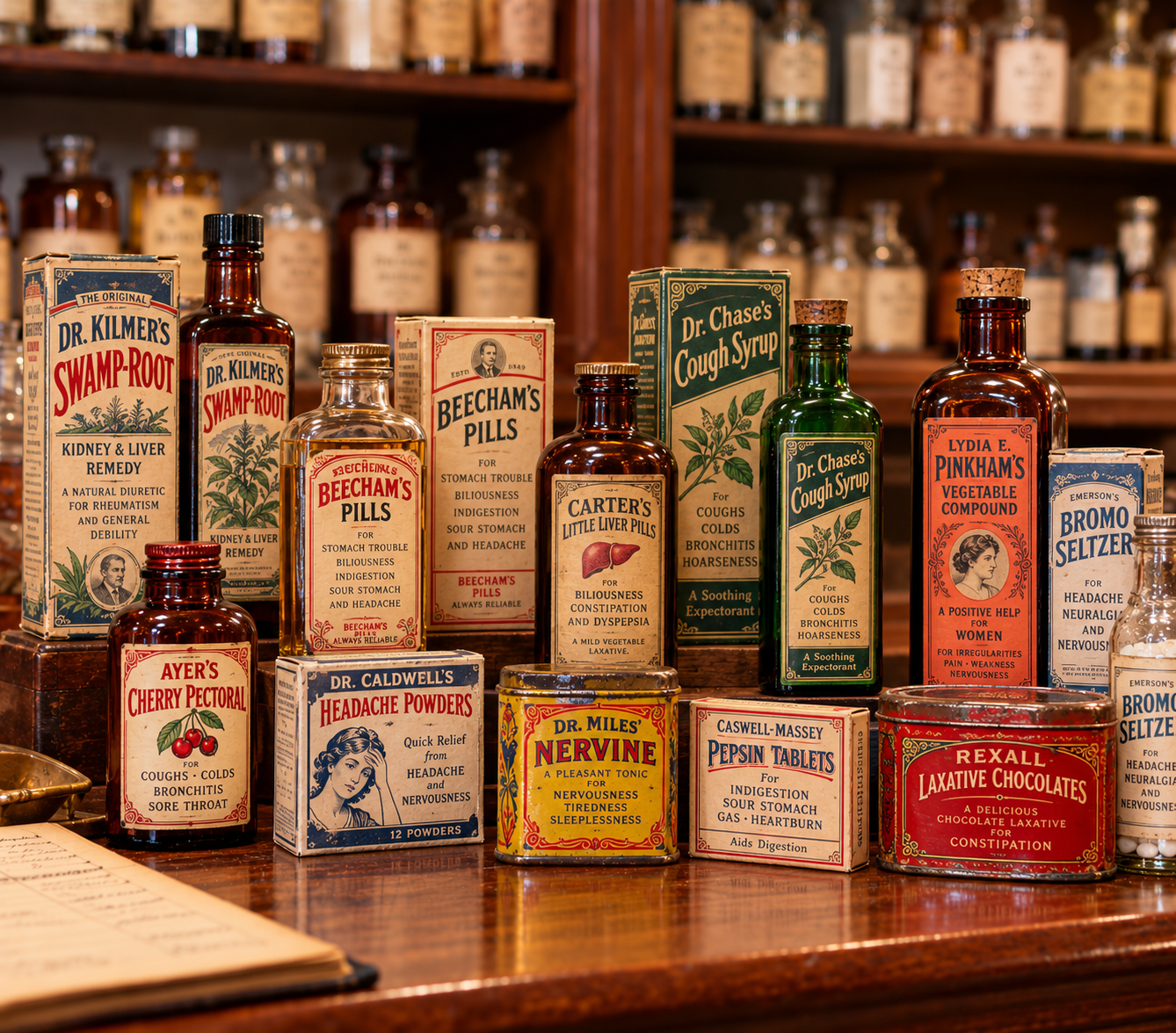 An assortment of antique medicine bottles and boxes labeled with various remedies including Swamp-Root, Beecham’s Pills, and Dr. Chase’s Cough Syrup arranged on a wooden surface.