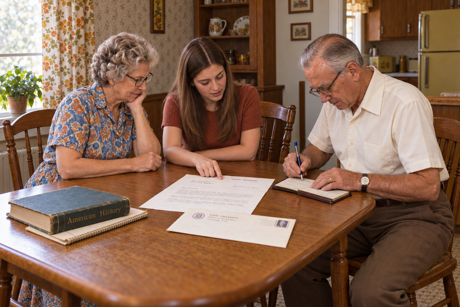 An older woman, a young woman, and an older man sit at a wooden kitchen table together as the man writes a check to pay a college tuition statement.