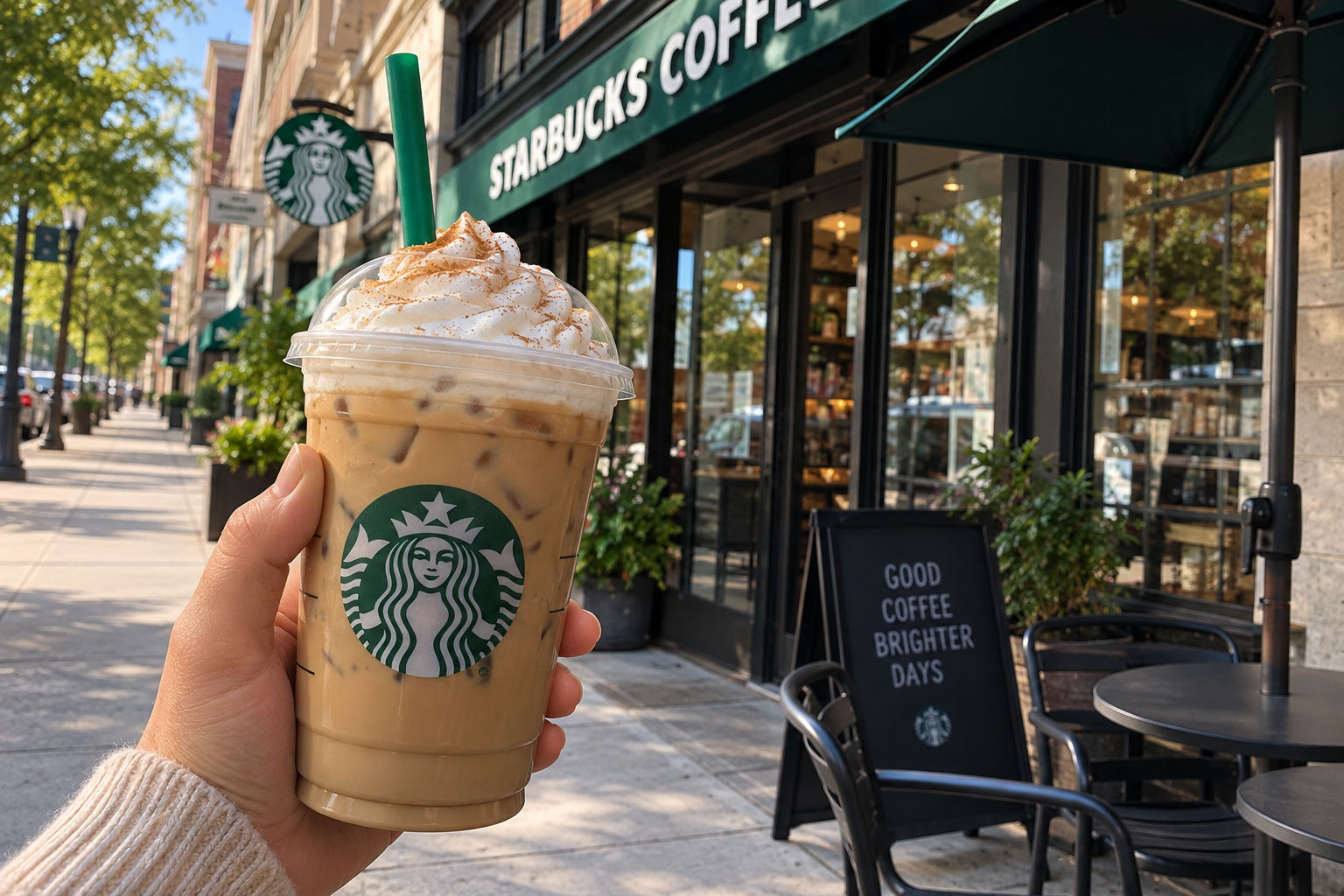 A hand holding an iced coffee with whipped cream in front of a Starbucks storefront.