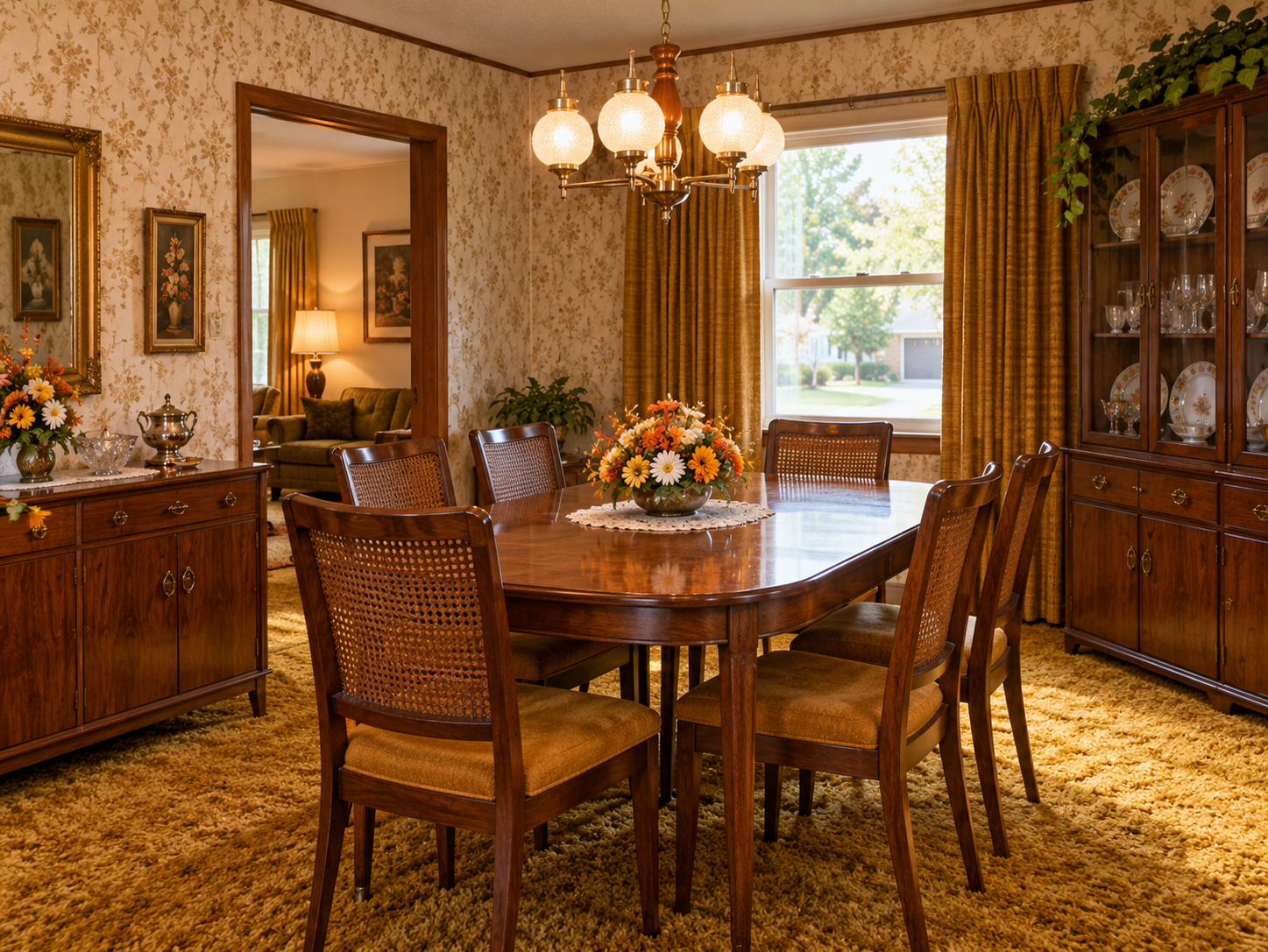 A formal dining room featuring a wooden table with a floral centerpiece, surrounded by six cane-back chairs on a textured gold carpet, with a matching sideboard and china cabinet.