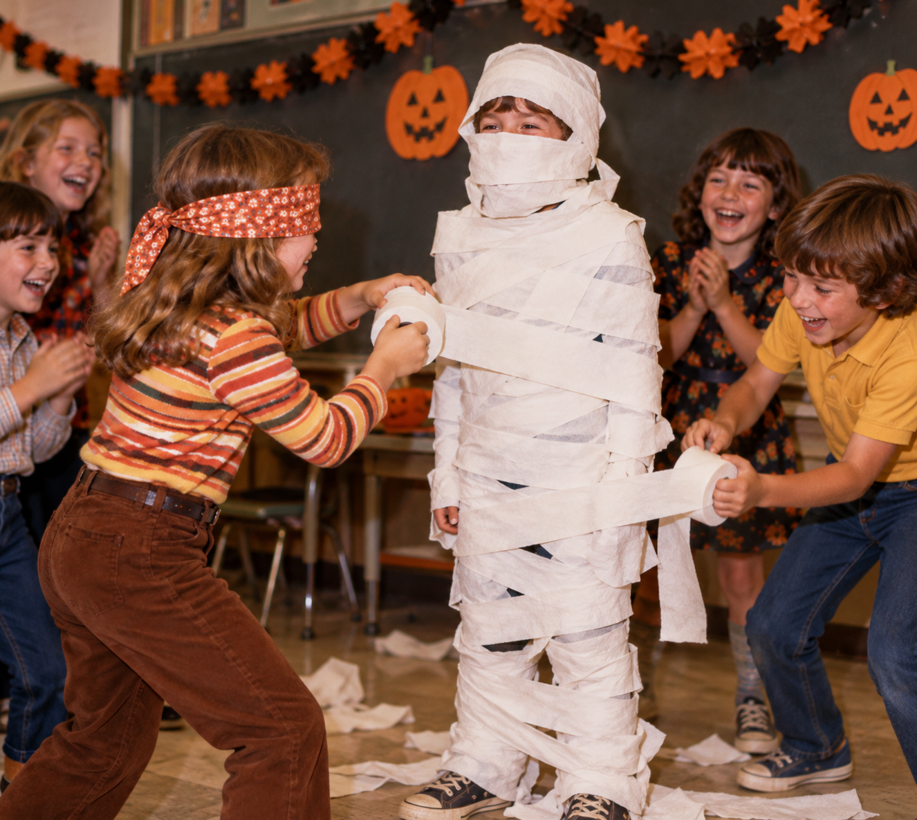 Children wrapping a boy in toilet paper to look like a mummy during a classroom Halloween party.