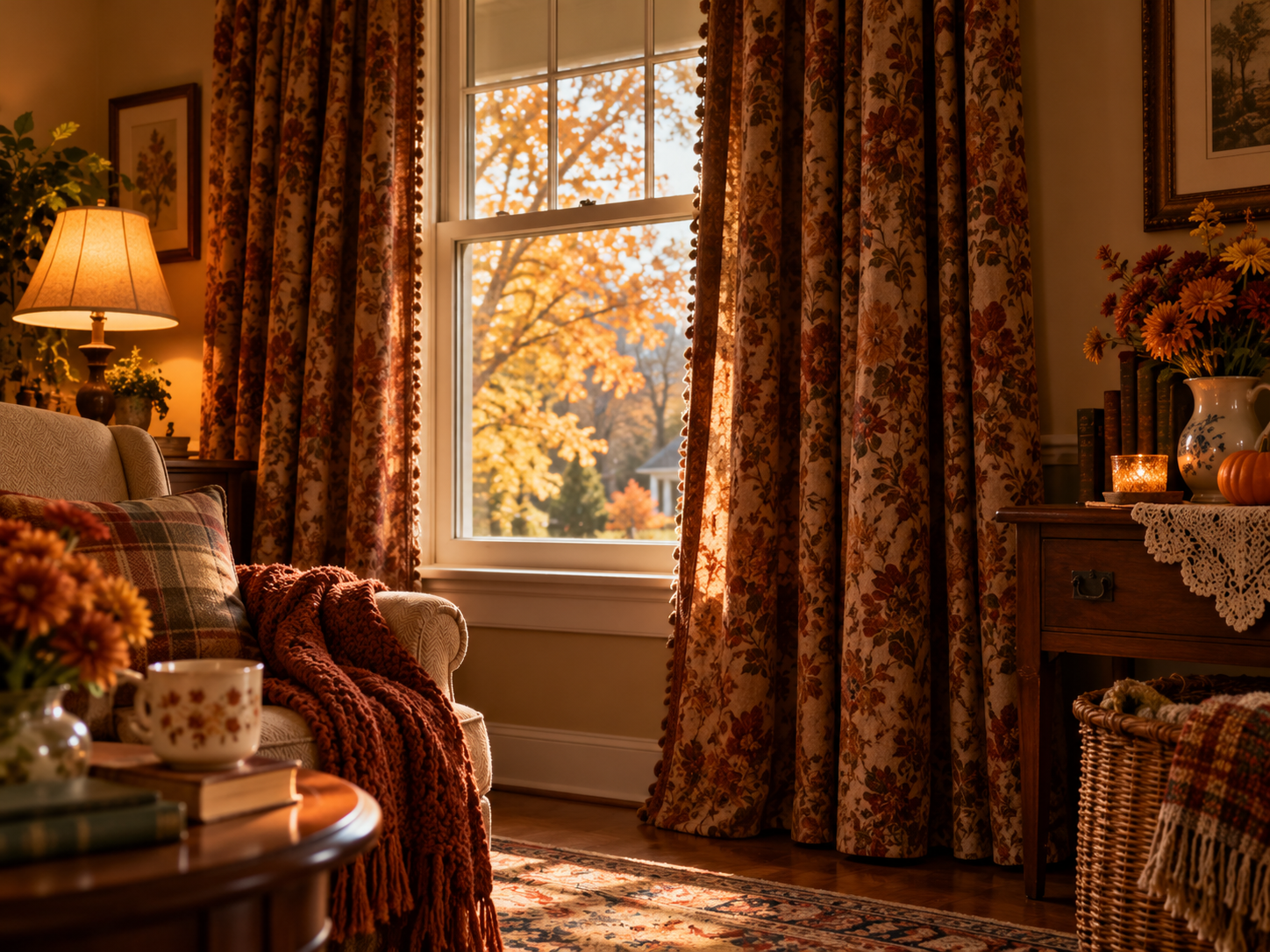 A cozy living room featuring a window with patterned curtains overlooking an autumn landscape, with a comfortable chair, side table, and fall decorations.