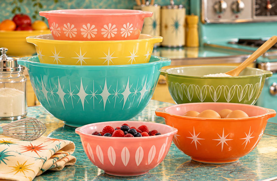 A collection of six colorful, mid-century style mixing bowls decorated with floral and starburst patterns, some containing fresh blueberries, raspberries, and eggs.