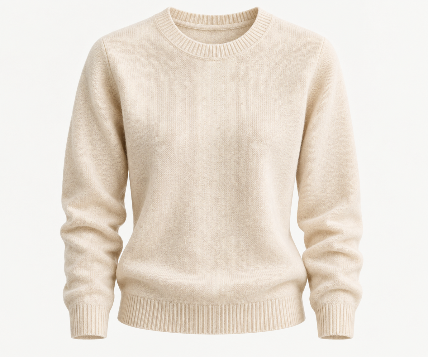 Beige crew-neck long-sleeve sweater.