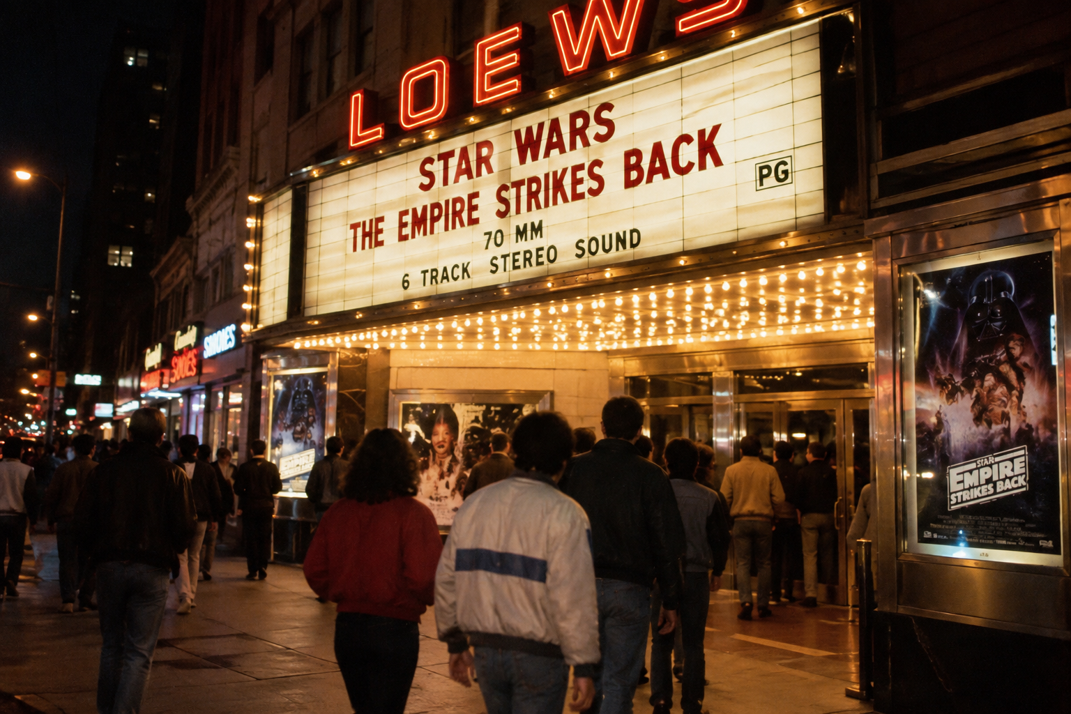 Crowd of people entering a movie theater with a marquee advertising Star Wars: The Empire Strikes Back.