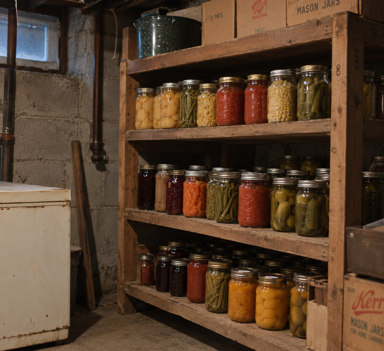 Wooden shelves in a basement filled with rows of glass jars containing home-canned fruits and vegetables.