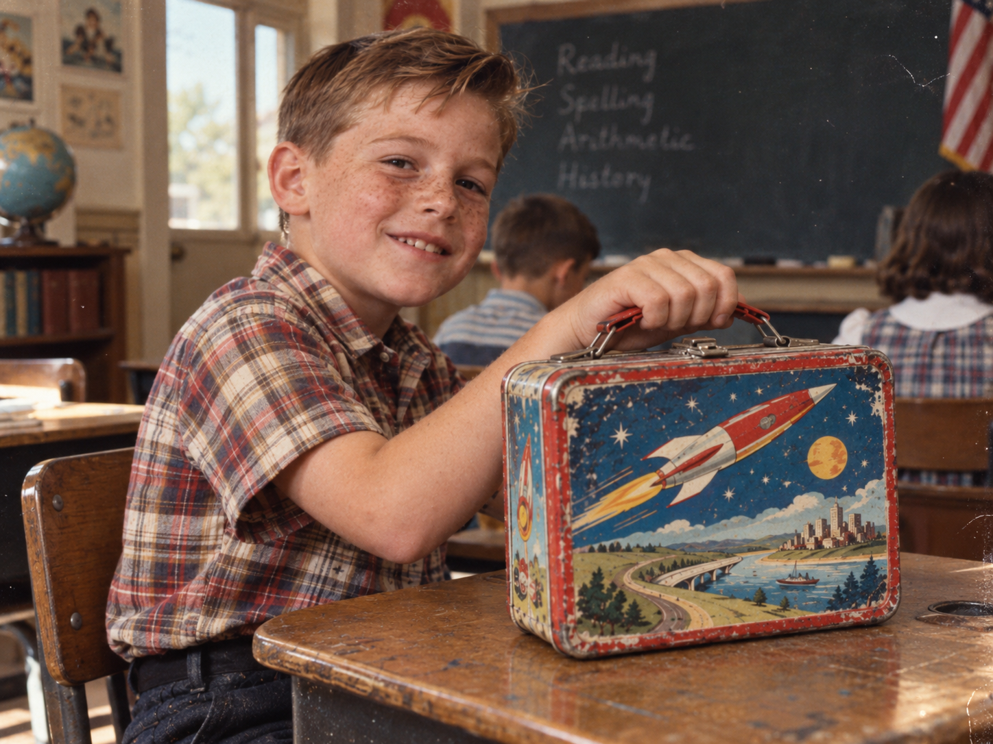 A young boy sits at a classroom desk, smiling while holding a vintage metal lunchbox decorated with a space rocket illustration.