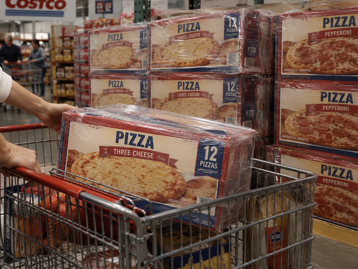 A shopper places a bulk box of twelve three-cheese pizzas into a shopping cart in a warehouse store.