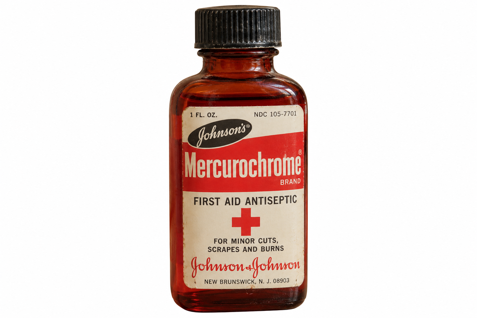 A brown glass bottle of Johnson’s Mercurochrome first aid antiseptic with a red and white label.