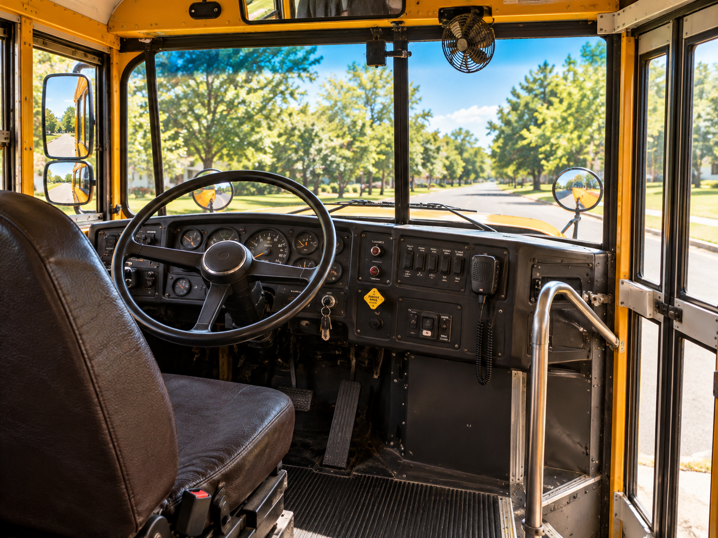 View from the driver’s seat of a school bus looking out over a residential street lined with trees.