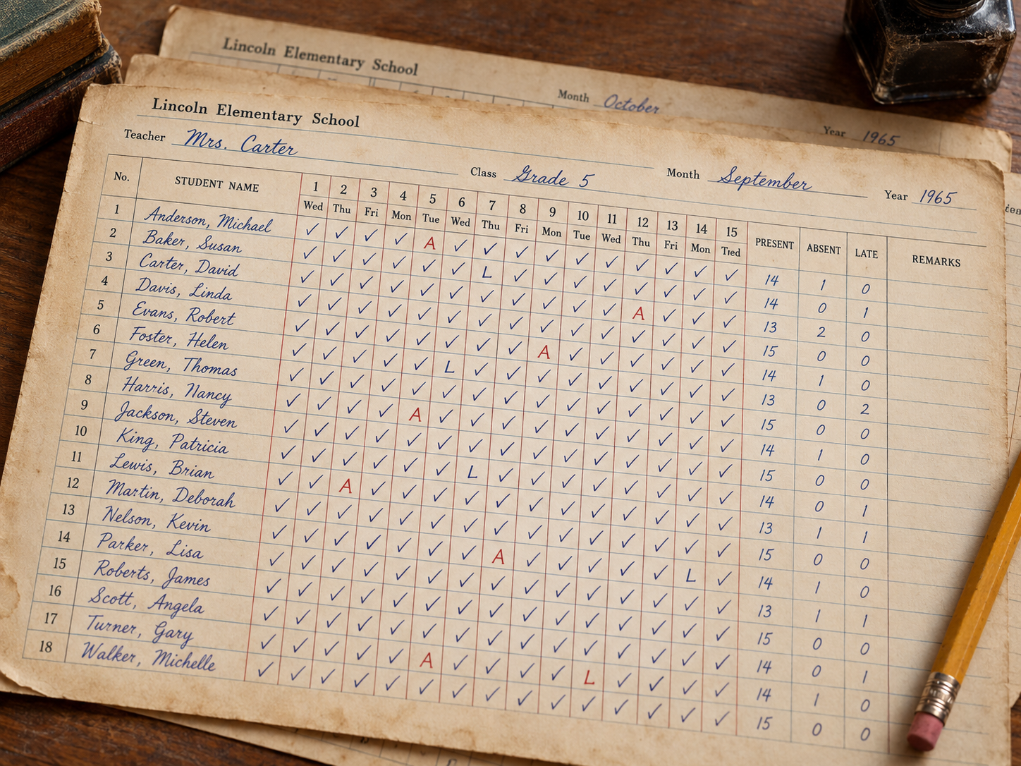 A vintage Lincoln Elementary School attendance sheet for Grade 5, September 1965, with rows of student names and hand-written checkmarks.