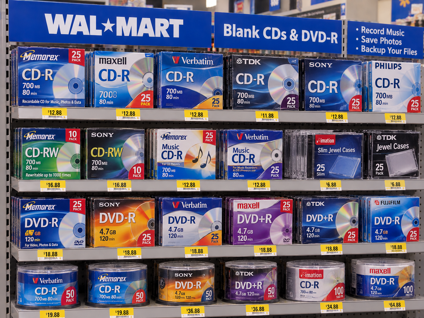 Store shelves displaying various brands of CD-R, CD-RW, and DVD-R discs in packs of 10 to 100, with prices listed on labels below each item.