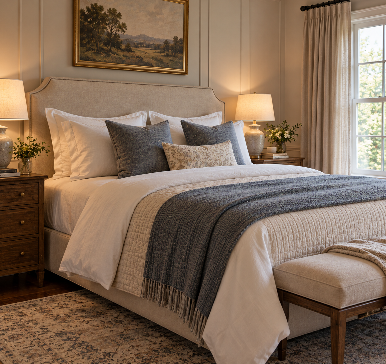 A made bed with a light-colored headboard, white linens, and a textured blue throw blanket, flanked by two wooden nightstands with lamps and a landscape painting hanging above.