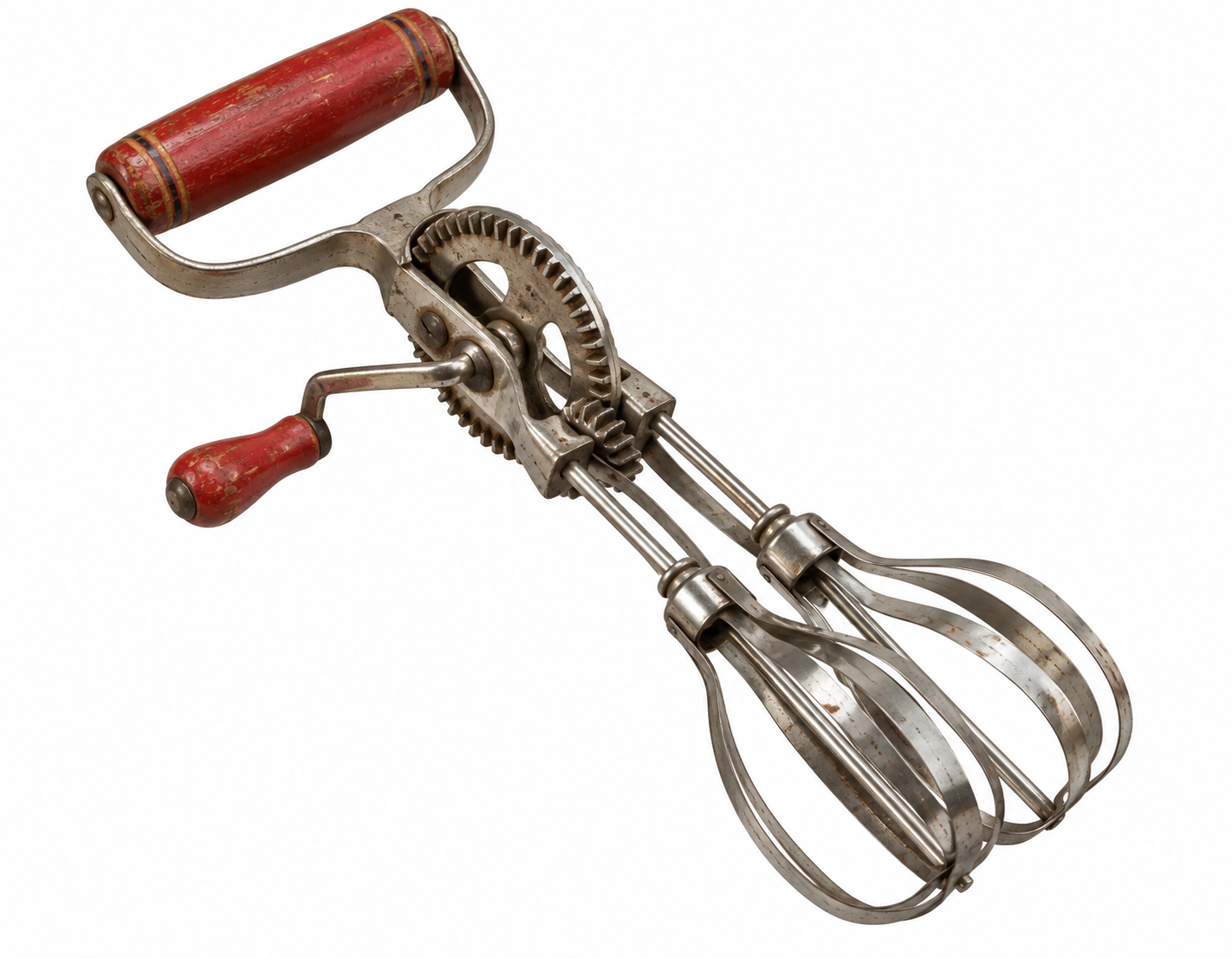 Vintage hand-crank egg beater with red wooden handles and double metal whisks.