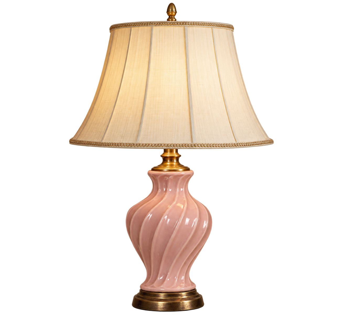 Table lamp with a light pink, spiraled ceramic base and a pleated, off-white fabric shade.