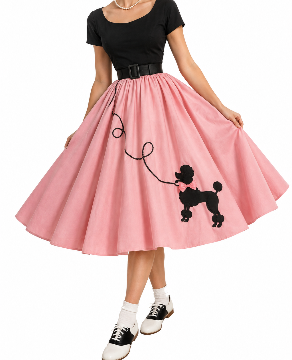 A person wearing a black shirt, a black belt, and a full-skirted pink poodle skirt, paired with white socks and black-and-white saddle shoes.