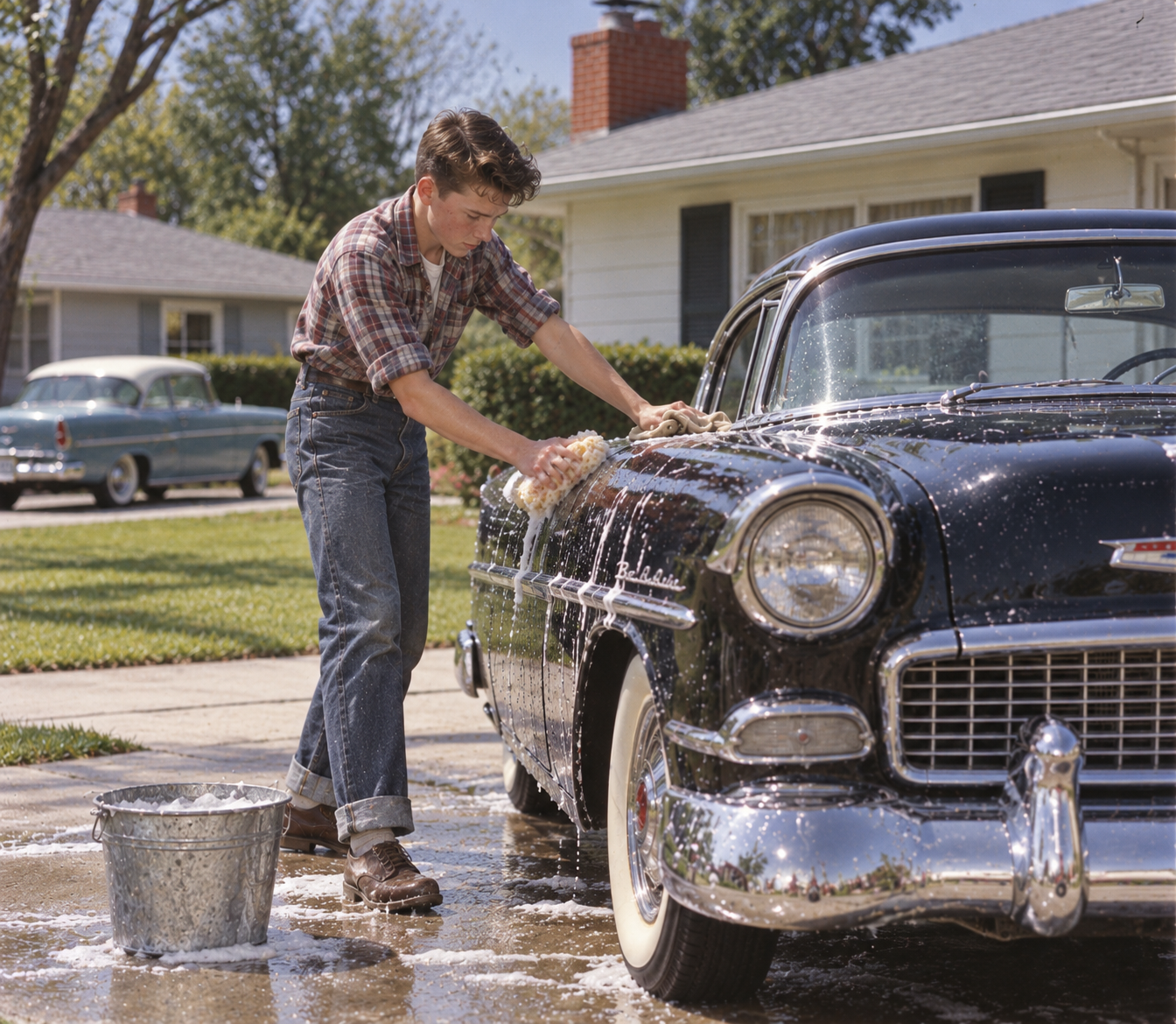 A young man in a plaid shirt and jeans washes a black vintage car in a suburban driveway.