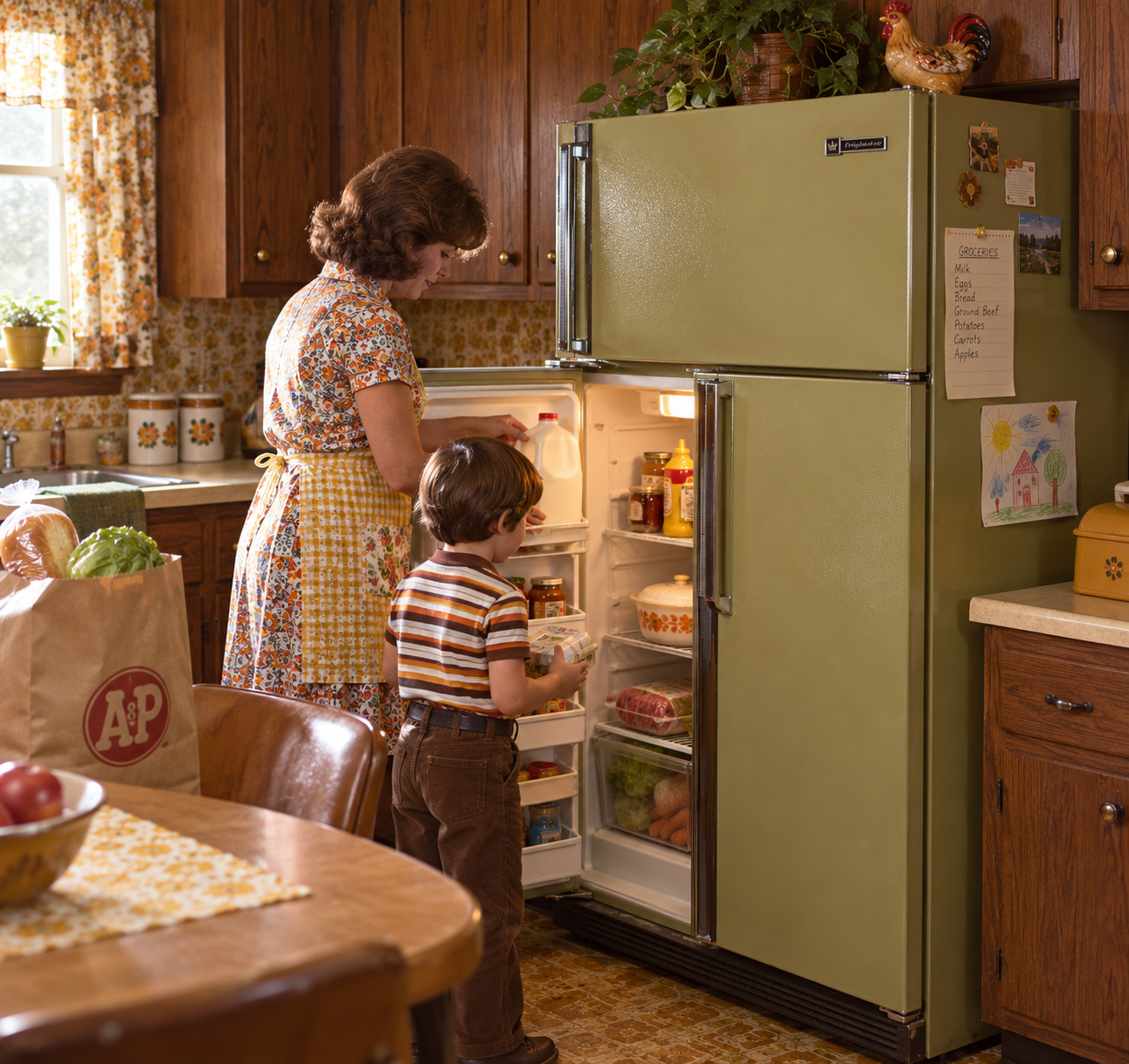 A woman in a floral apron and a young boy stand before an open, light-green refrigerator in a kitchen.