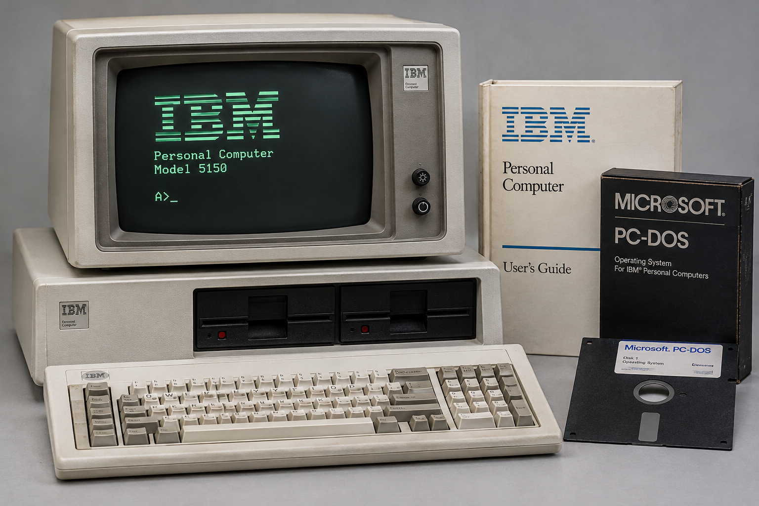 A vintage IBM Personal Computer model 5150 with monitor, keyboard, system unit, user guide, software box, and floppy disk.