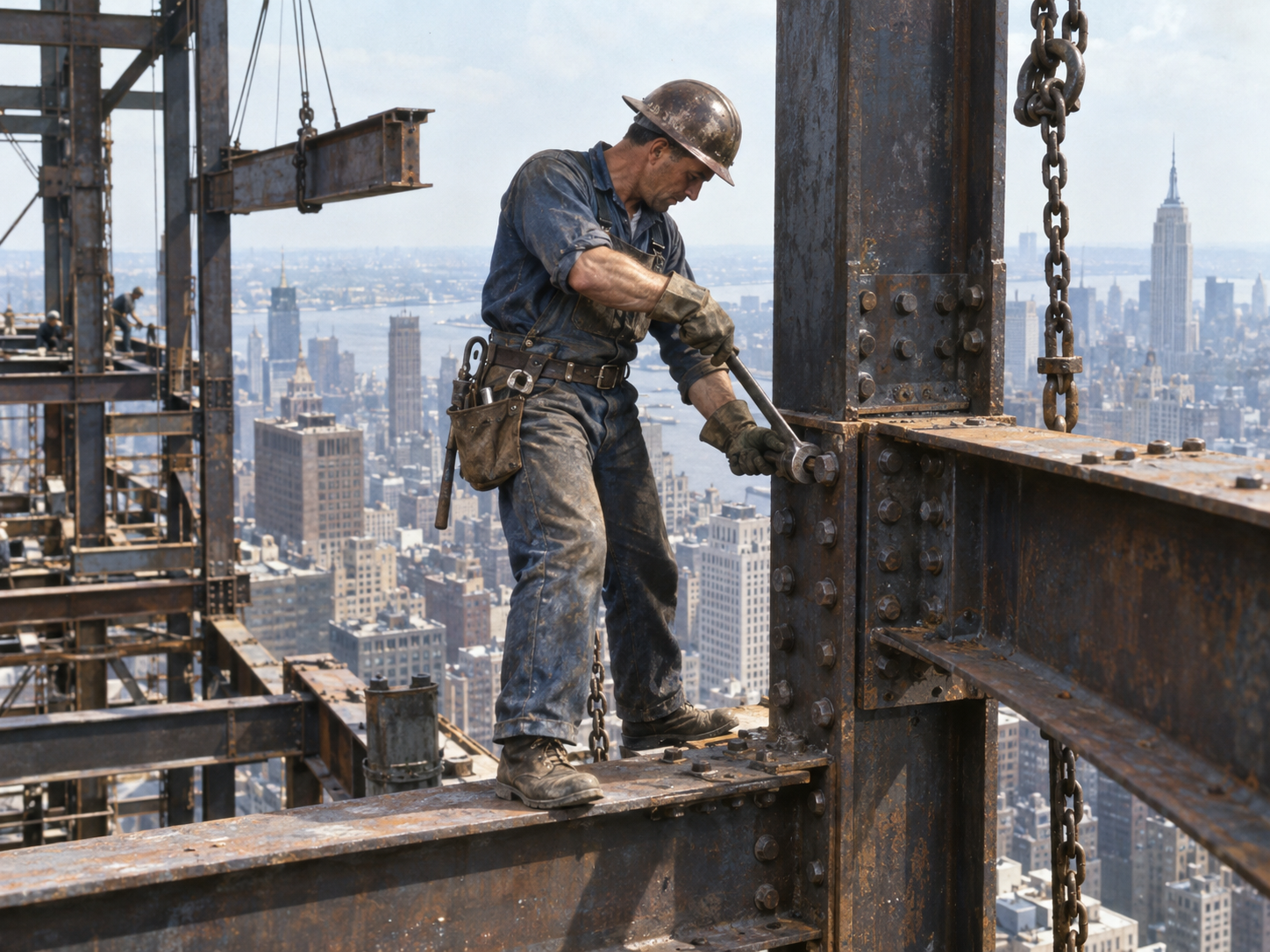 A construction worker stands on a steel beam high above a city, using a wrench to tighten a bolt on a vertical girder.