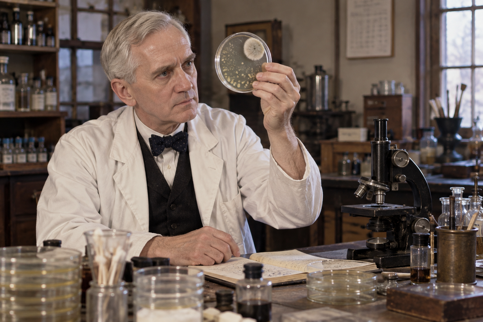 A scientist in a white coat and bow tie examines a petri dish containing a mold culture in his laboratory.