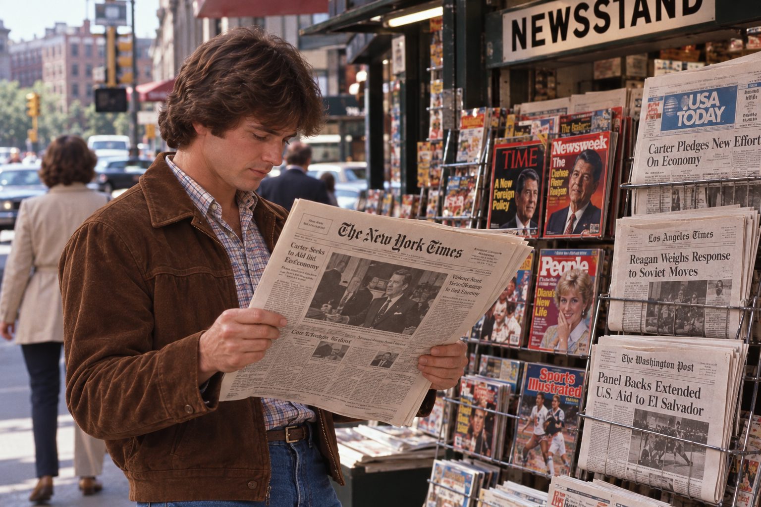 A man in a brown jacket stands at a newsstand reading a copy of The New York Times, with various other newspapers and magazines displayed behind him.