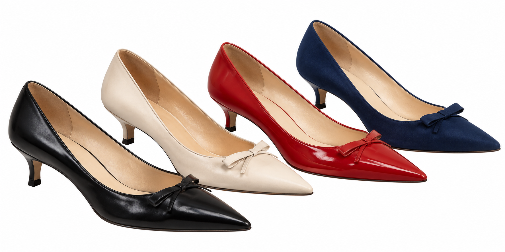 Four pointed-toe kitten heels with small bows, lined up from black, off-white, and red to dark blue.
