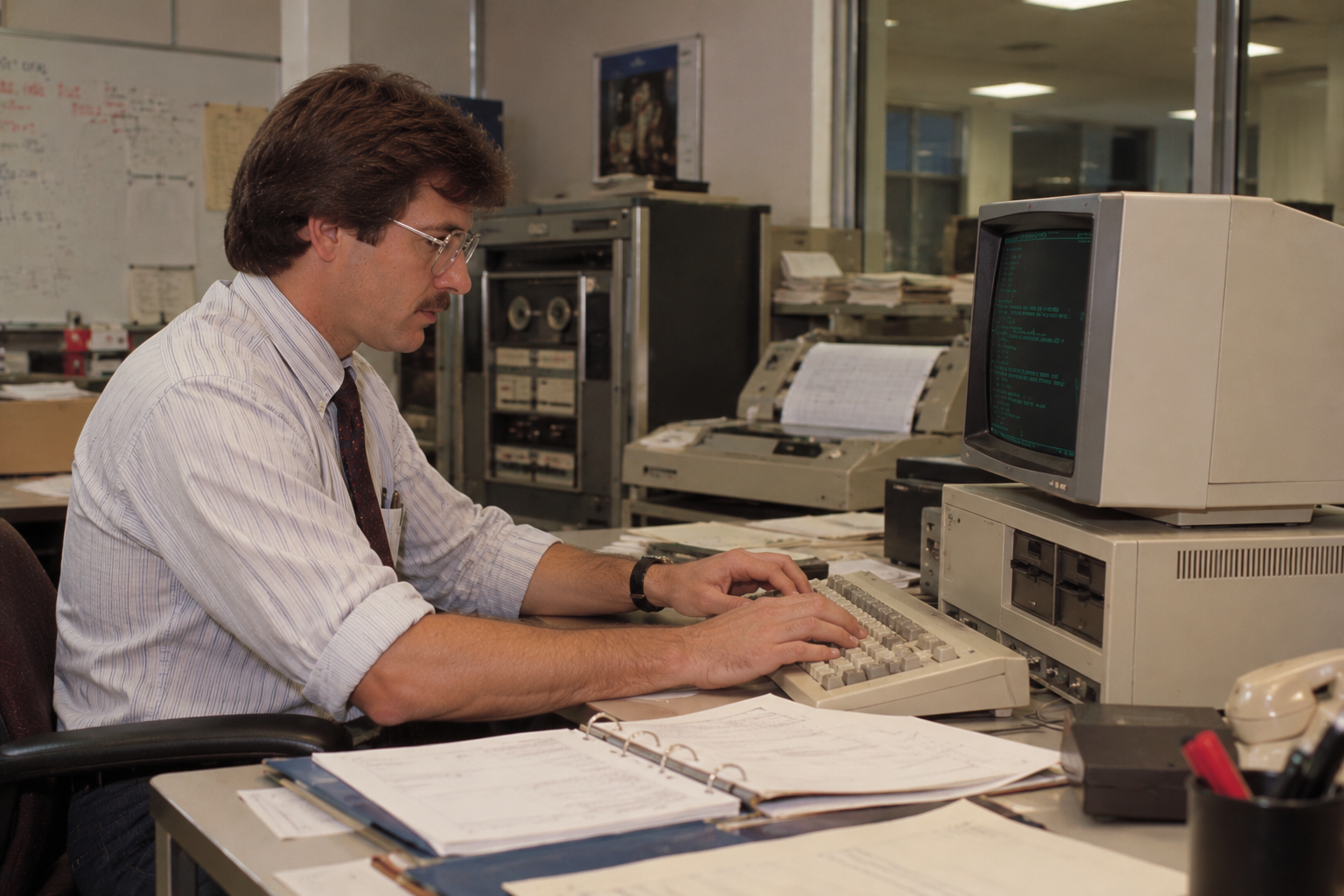 A man in a striped dress shirt and glasses types on a vintage computer keyboard in an office setting.