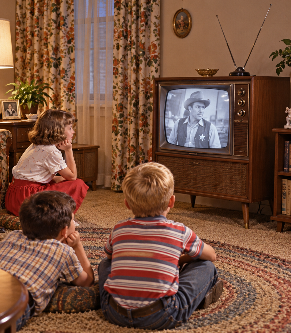 Three children sit on a rug watching a vintage TV showing a black-and-white western. The living room has patterned curtains, a lamp, and wood furniture, creating a cozy, retro atmosphere.