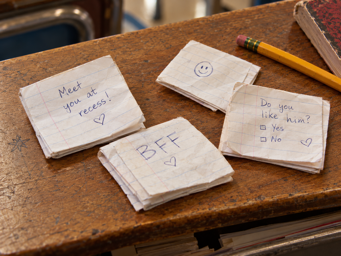 Three folded notes on a wooden desk: one says “Meet you at recess!”, another says “BFF,” and the third asks “Do you like him?” with checkboxes for “Yes” and “No,” next to a yellow pencil.