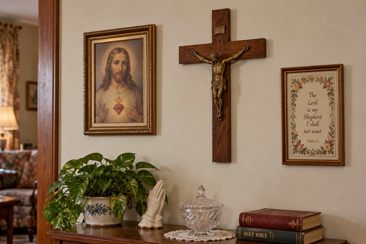 A wall with a framed portrait of Jesus, a wooden crucifix, and a framed Psalm 23 quote hanging above a table holding a potted plant, ceramic praying hands, a glass bowl, and two Bibles.