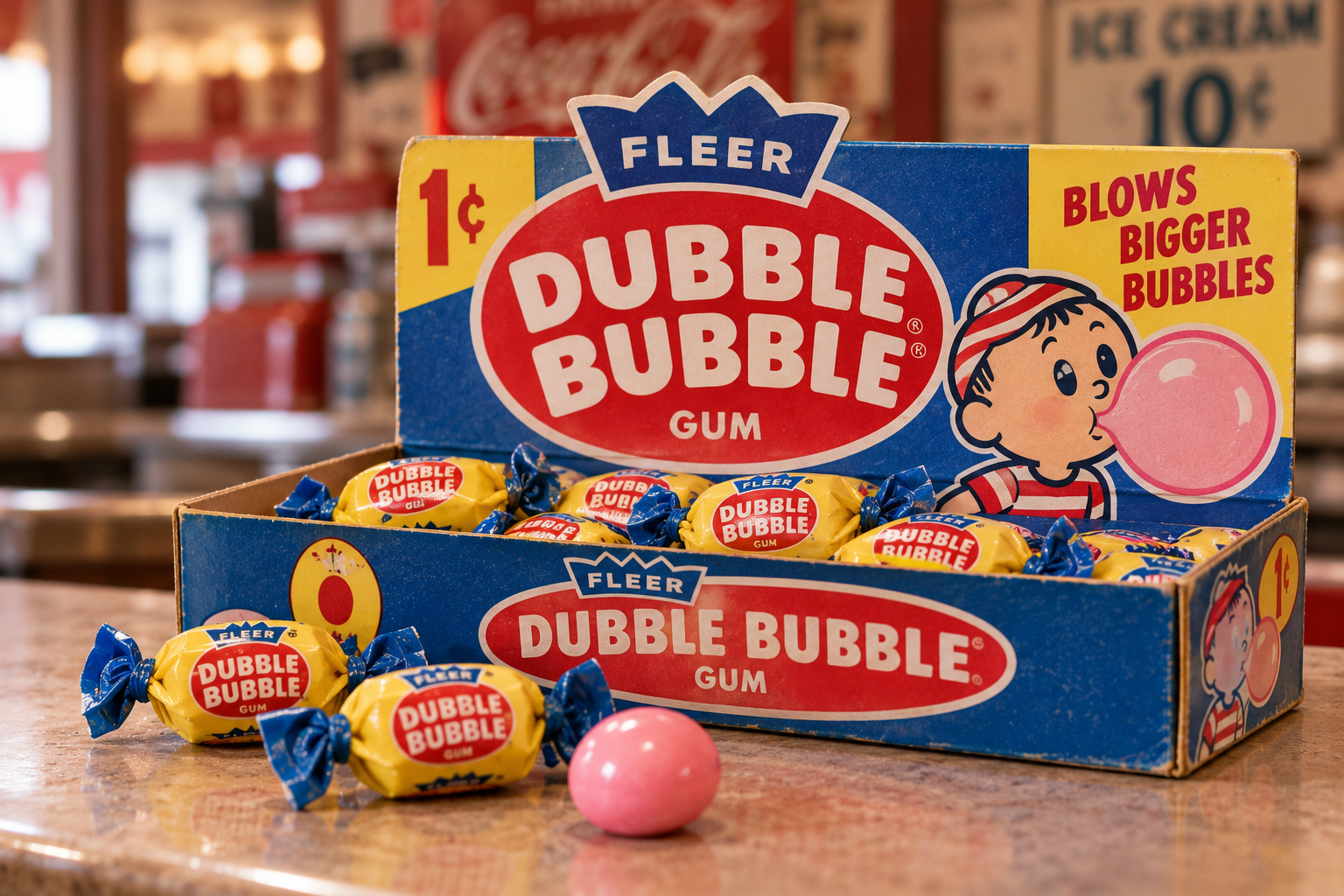 A colorful box of Dubble Bubble gum with wrapped pieces and a pink gumball on a counter; the box features a cartoon boy blowing a bubble and vintage-style advertising.