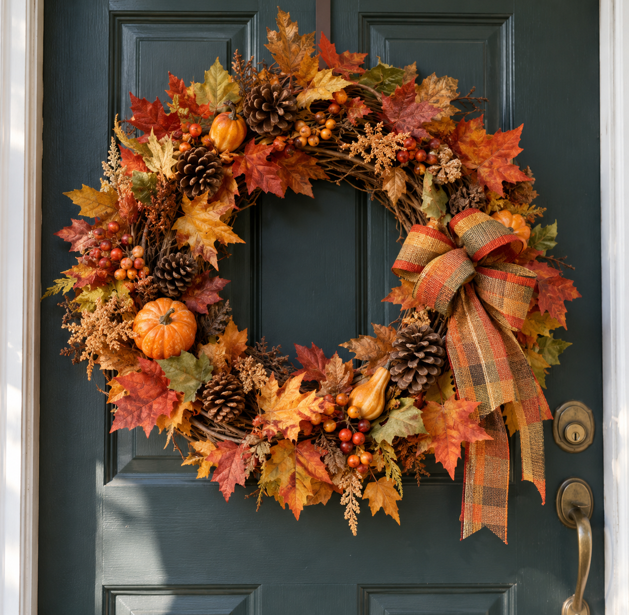 An autumn wreath featuring fall leaves, pinecones, berries, and mini pumpkins hanging on a dark door, accented with a plaid ribbon.