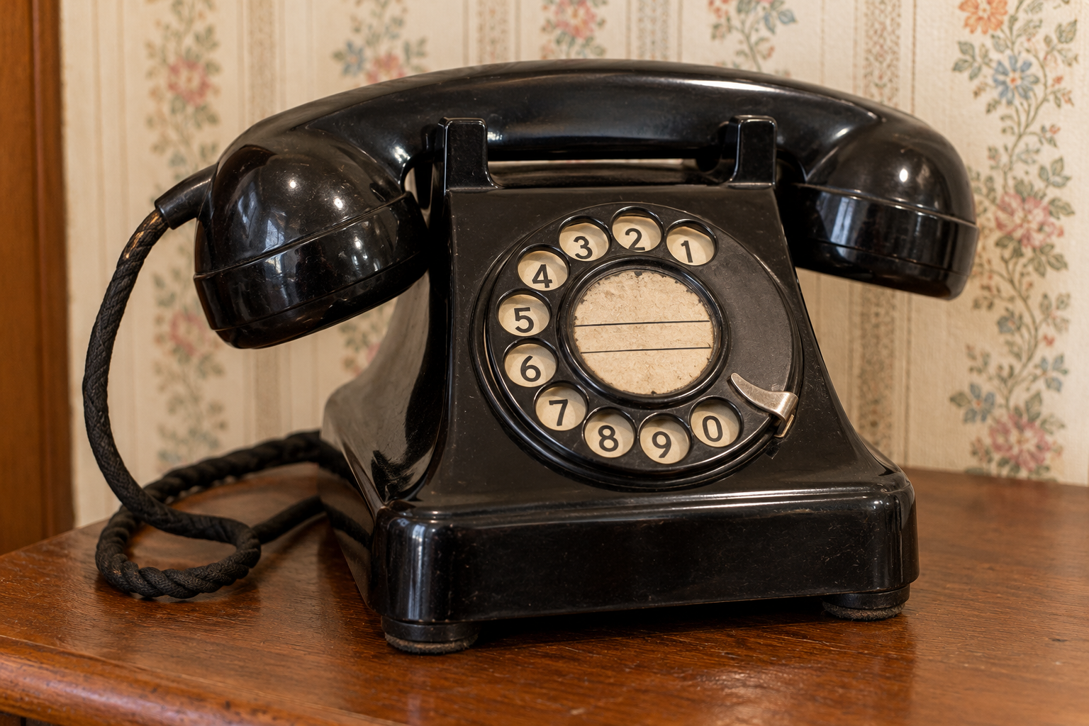 A black rotary telephone with a braided cord sitting on a wooden surface in front of floral wallpaper.