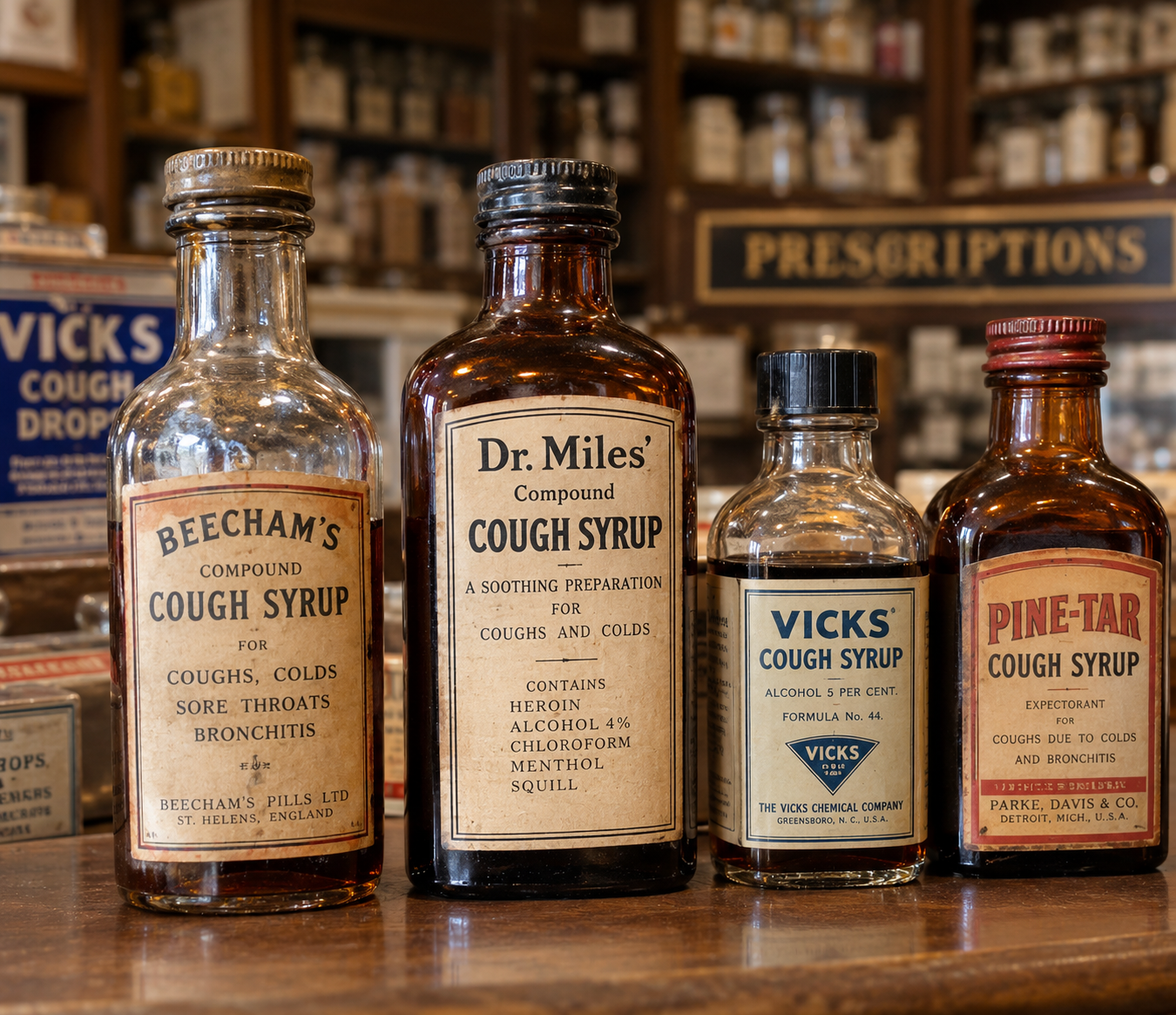 Four antique glass bottles of cough syrup from Beecham’s, Dr. Miles, Vicks, and Pine-Tar arranged on a wooden shelf.