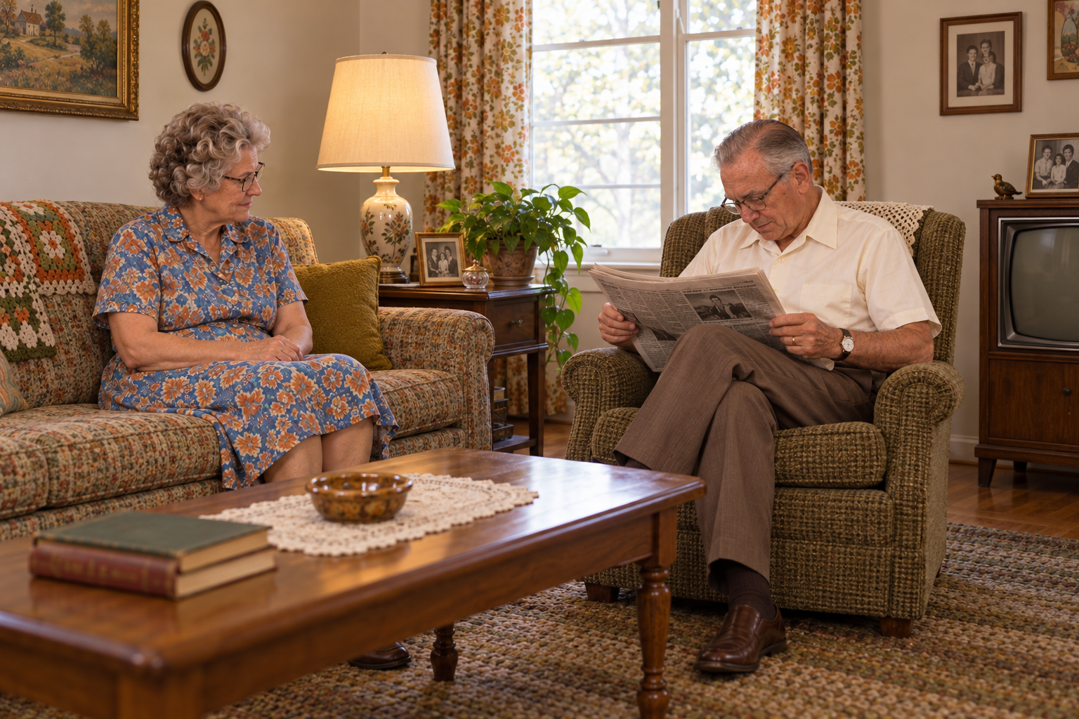 An elderly woman sits on a patterned sofa looking at an elderly man who sits in an armchair reading a newspaper.