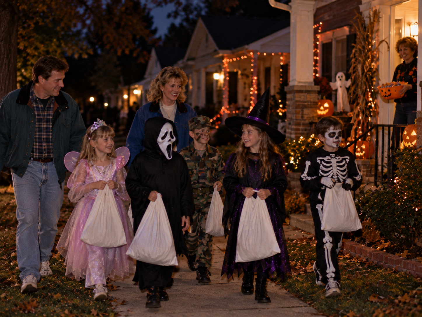 A group of children in Halloween costumes and two adults walking along a suburban sidewalk at dusk.