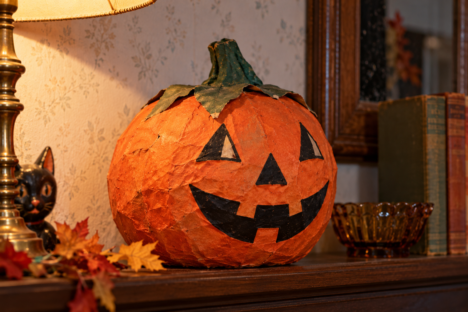 A papier-mâché jack-o’-lantern with a painted black face sitting on a wooden mantelpiece.
