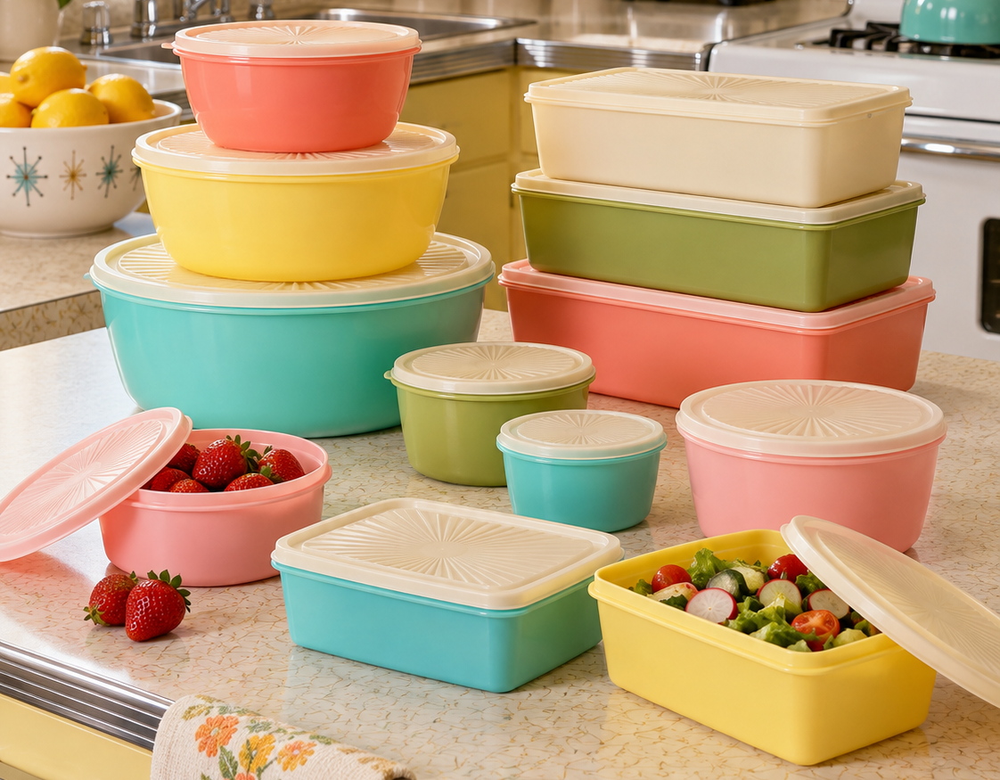 A collection of pastel-colored plastic storage containers in various shapes and sizes arranged on a kitchen counter, with some containing fresh strawberries and a salad.
